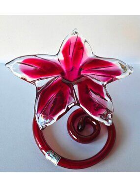 Large Cranberry & Clear Pilgrim Glass Vase Flower Shaped Coil Sculpture, USA